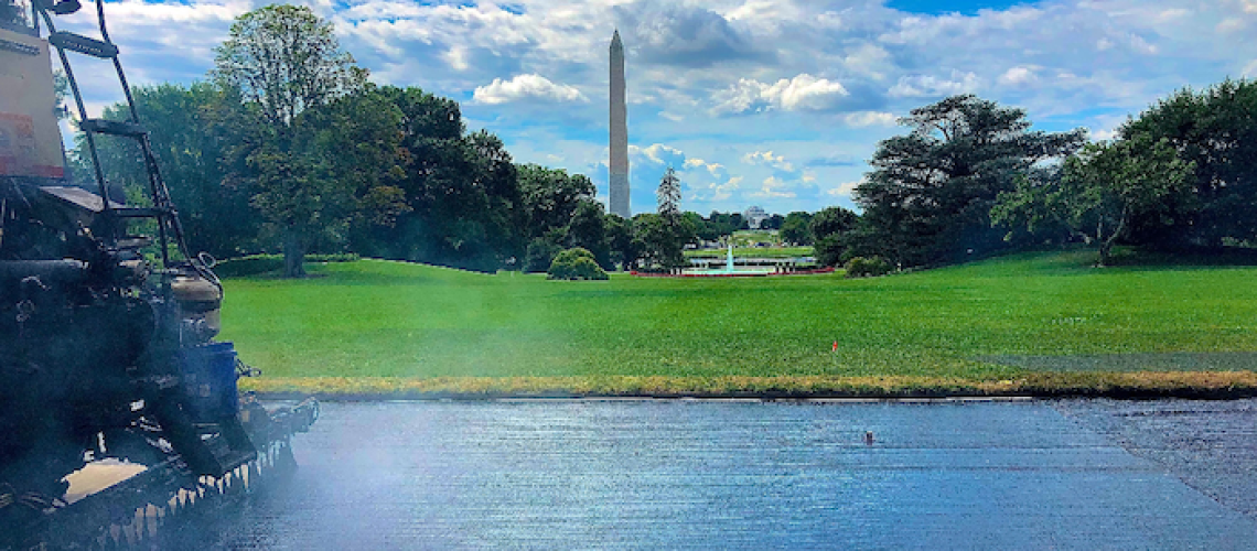 Blacklidge applying its patented, American-made asphalt solution, UltraFuse in front of the White House in Washington, D.C. to extend the life of the surface. it provides a glossy, jet black finish and cures in 30 seconds. and we delivered with our UltraFuse®